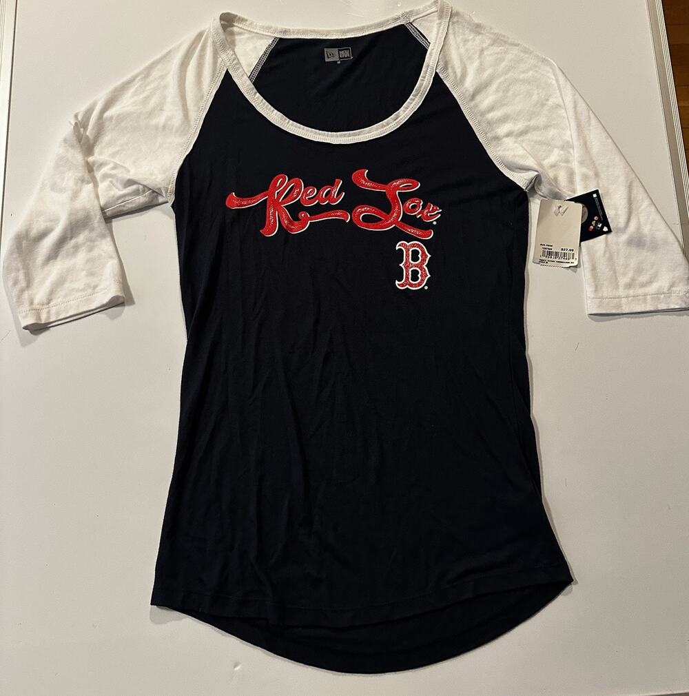 Boston Red Sox New Era Womens Foil 3/4 Sleeve Fan White Navy T-Shirt Med NWT